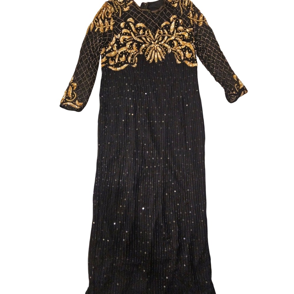 Laurence Kazar Vintage 80s Beaded Silk Gown Black Gold Sequin Maxi Dress Golden